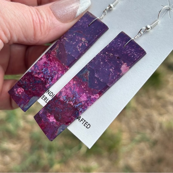 Navajo Crafted Purple Mojave Slab Dangle Earrings - Picture 4 of 15